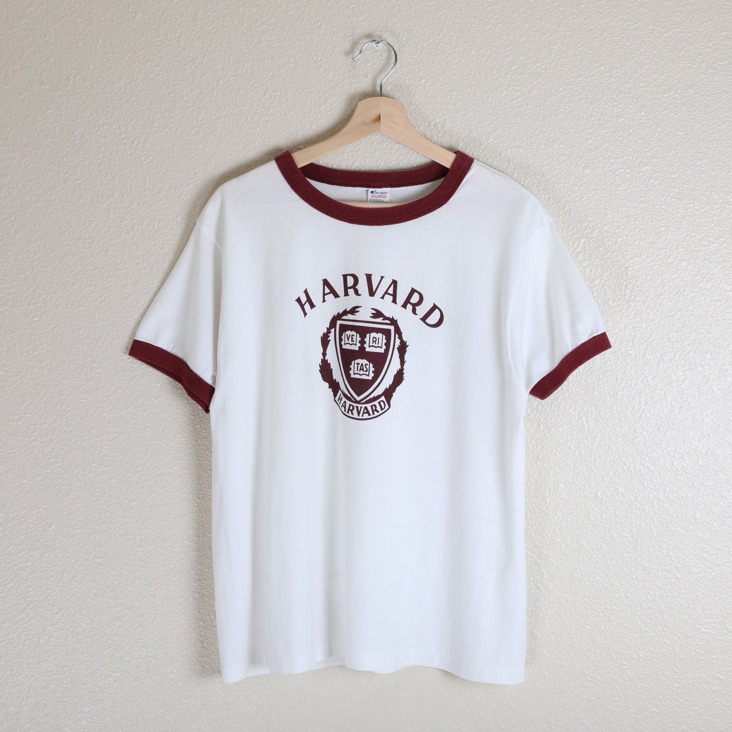 Vintage 1960s 70s CHAMPION Brand HARVARD UNIVERSITY Youth Size Large  women's Extra Small White and Maroon Ringer Champion Brand T Shirt 